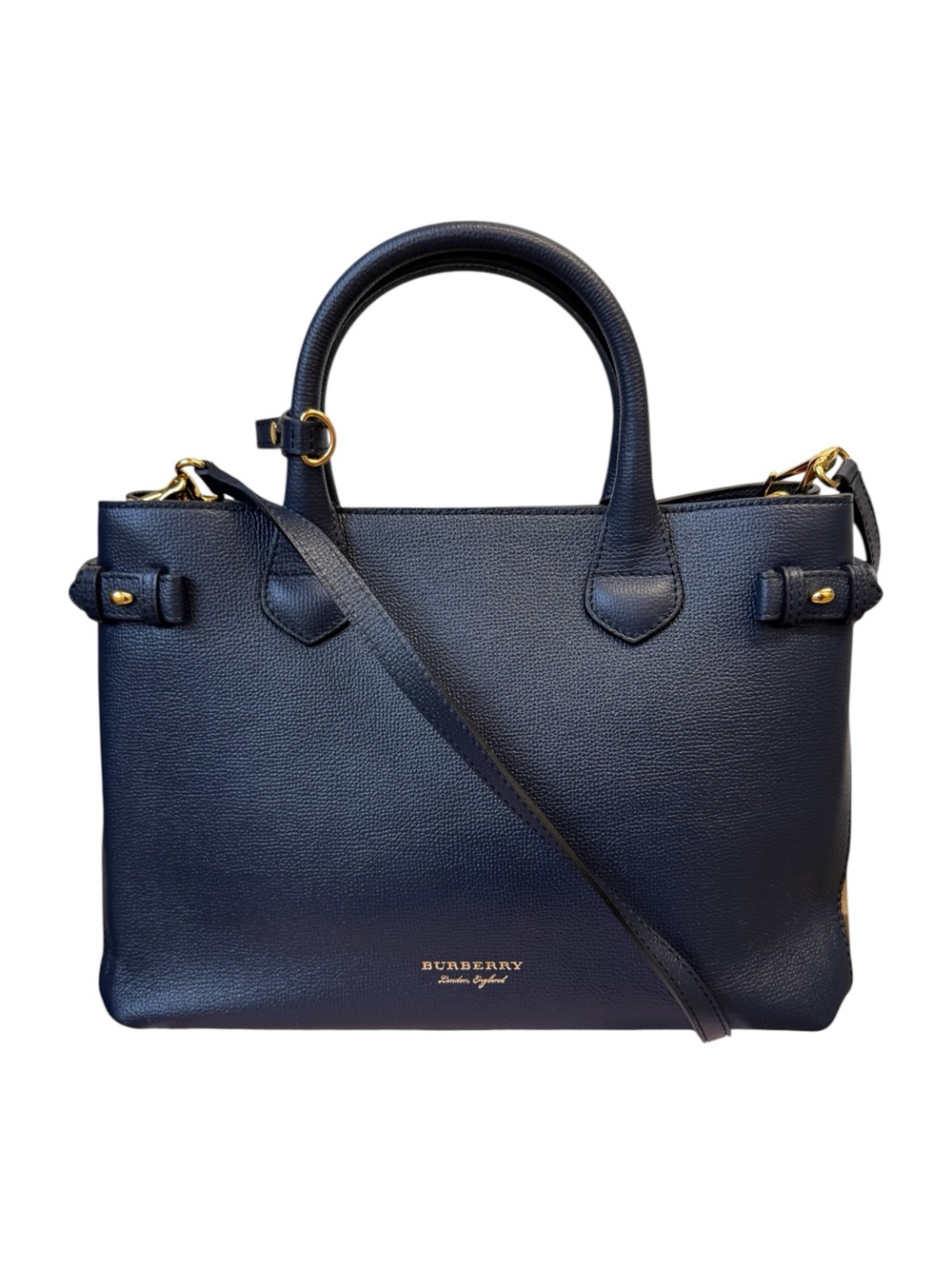 Burberry Navy Blue Saffiano Pebbled Leather Nova Check 2way Banner Satchel Ex+